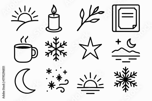 Winter Renewal Icons. Winter Renewal Reflection linear icons: sunrise, candle, tree branch, journal page, steaming mug, snow crystal, star, horizon glow, mountain ridge, moon.
