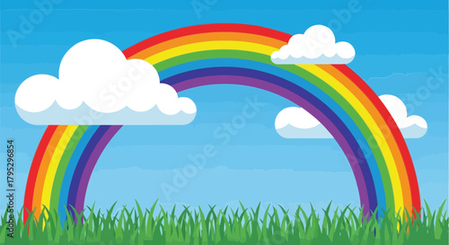 Vibrant Rainbow Arching Over Green Grass Under a Clear Blue Sky with Fluffy White Clouds A Cheerful Nature Illustration