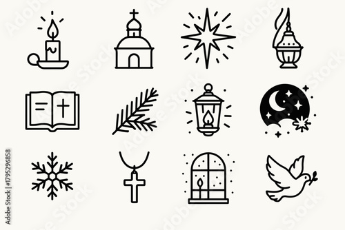 New Year Blessing Icons. Holy New Year Blessing linear icons: candle in holder, chapel dome, radiant star, incense burner, bible page, evergreen sprig, lantern glow, night sky.