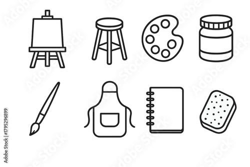 Studio Icon Set. Art Studio Set linear icons: easel, stool, palette, paint jar, brush, apron, sketchbook, sponge.