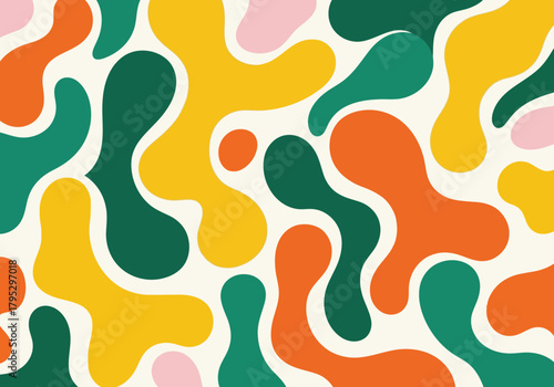 Abstract background with organic shapes in a retro style color palette, a vibrant design element with fluid forms and bold hues