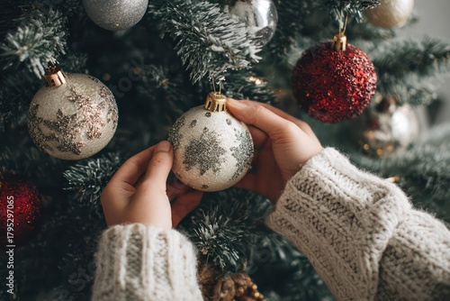 Detailed view of holiday decorations with hands arranging ornaments on a tree