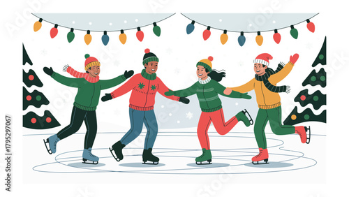 Winter Wonderland Friends: A cheerful group of friends ice skate together in a picturesque winter scene. Colorful lights and a festive atmosphere. Capturing moments of joy and shared experience.