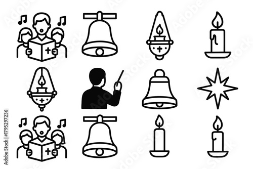Orthodox Christmas Choir Icons. Orthodox Christmas Holiday Music linear icons: choir singers, hymn book, church bell, candlelight, musical notes, icon lamp, conductor’s baton, star.