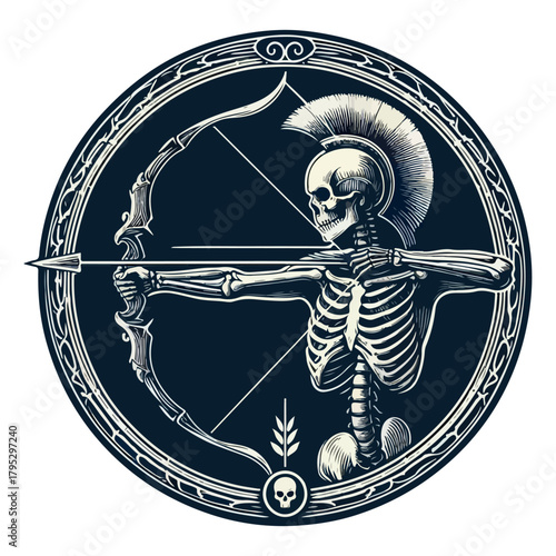 Human skeleton archer logo engraving design vector artwork illustration