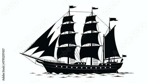 A black and white silhouette illustration of a large sailing ship with multiple masts and sails 
