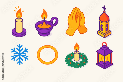 Orthodox New Year Icons. Orthodox New Year Candlelight flat icons: flickering flame, oil lamp, prayer hands, church bell tower, snowflake, golden halo, pine wreath, glowing lantern.