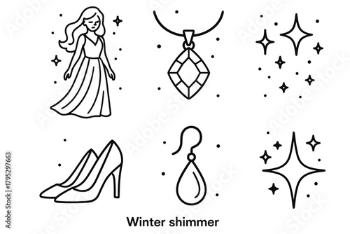 Winter Glam Icons. Winter Shimmer Look linear icons: flowing gown, gemstone pendant, spark dust, silver heels, earring, starlight.