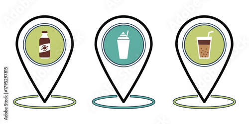 Bottled Drink or Soda Location Pin, Milkshake or Frappe Shop Location Pin and Iced Coffee or Soda Location Pin