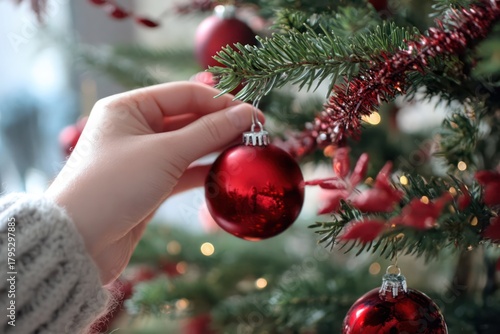 Festive close-up of a hand adding a shiny red ornament to a decorated Christmas tree