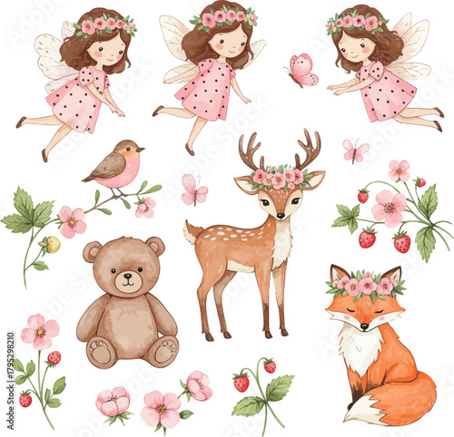 Charming watercolor woodland animals and fairies