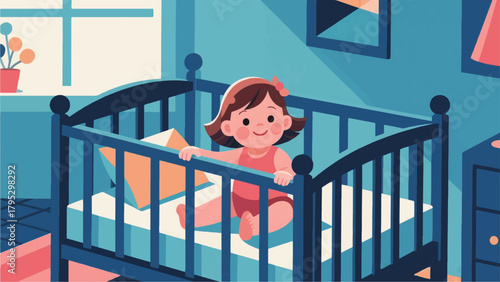 Illustration Of A Girl Sitting In A Crib Vector Design Template