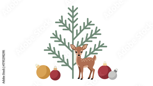 Festive Fawn and Evergreen: a whimsical scene features a charming fawn beneath a stylized evergreen, adorned with festive ornaments, evoking a sense of holiday magic and nature's charm.