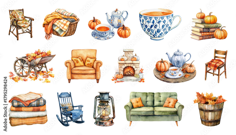 Fototapeta premium PNG Cozy autumn home decor illustration, element set on transparent background