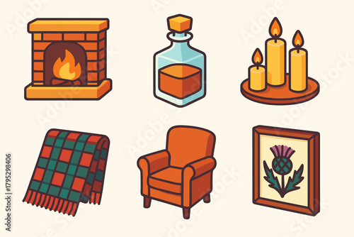 Burns Night Icons. Burns Night Homely Warmth flat icons: hearth, whisky decanter, flickering candles, tartan shawl, armchair, framed thistle.
