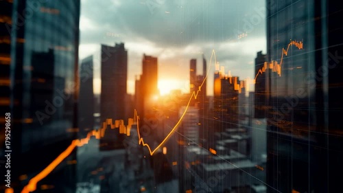 Rising golden stock market line chart overlay on modern city skyline at dramatic sunrise