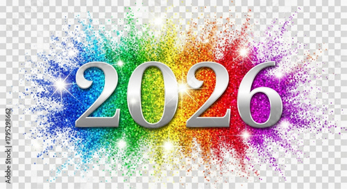The vibrant burst of color fireworks display announcing the arrival of the New Year, the upcoming year is 2026 with a touch of elegance.  vector illustration