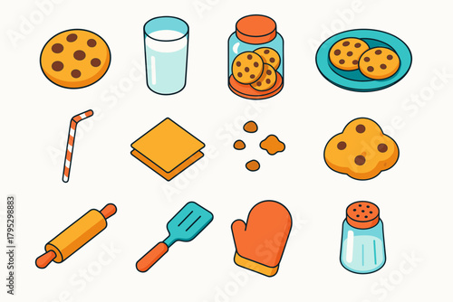 Cookie & Milk Icons. Cookie & Milk Treats flat icons: chocolate chip cookie, glass of milk, cookie jar, cookie plate, straw, napkin, crumbs, cookie dough, rolling pin, spatula.