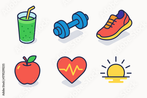 Isometric Wellness Icons. Daily Wellness flat icons: smoothie glass, dumbbell, running shoe, heartbeat, apple, sunrise.
