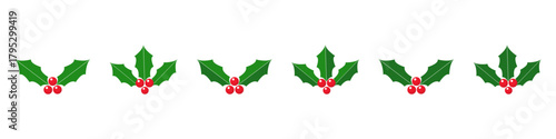 Christmas holly leaves vector icon isolated on white background.Set of Xmas Holly berry.