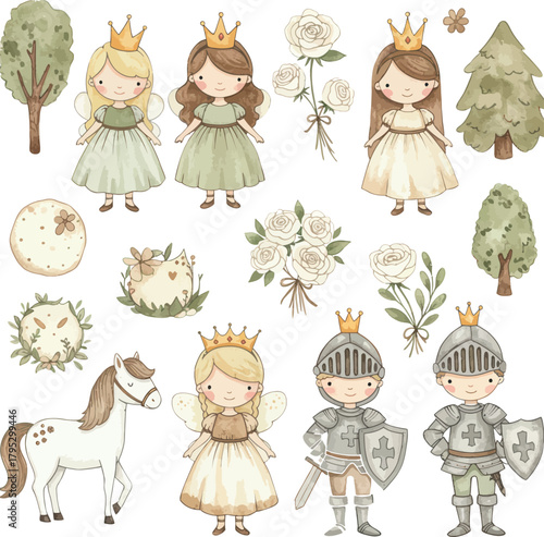 Adorable watercolor fairytale set with princesses.