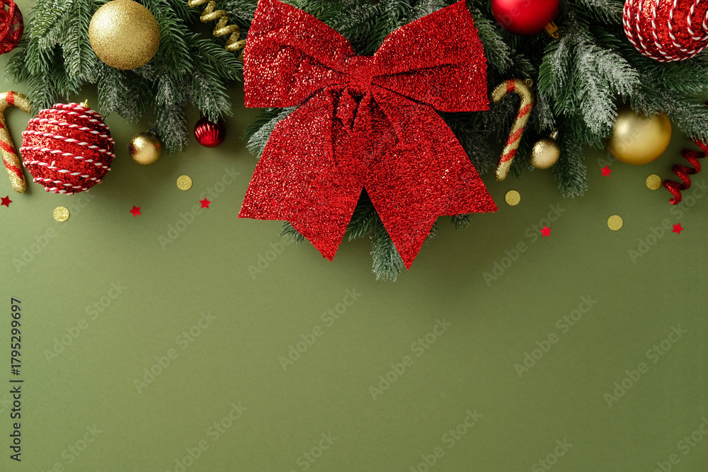Naklejka premium Top view of festive Christmas border with lush fir tree branches, glittering red bow, golden and red baubles, and candy canes on an elegant, rustic green background. Xmas holiday backdrop.