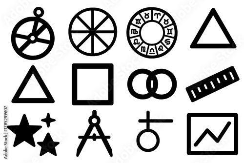 Astrology Icon Collection. Astrology Tools & Symbols silhouette icons set: astrolabe, natal chart, zodiac wheel, sextile, trine, square, conjunction glyph, ruler, compass, stars.