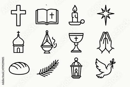 Orthodox Christmas Symbols. Orthodox Christmas Sacred Tradition linear icons: wooden cross, open bible, burning candle, star of Bethlehem, church dome, incense burner, holy chalice.