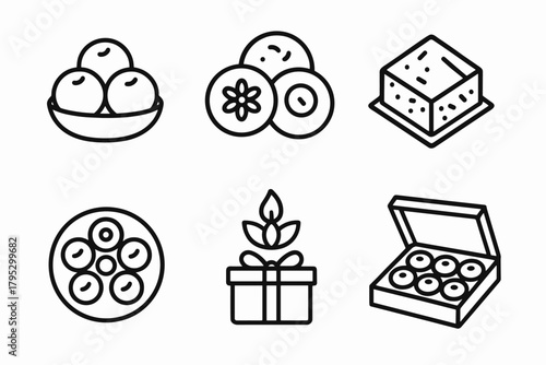 Diwali Sweet Delights. Diwali Festive Treats linear icons: gulab jamun, peda, halwa, silver foil, plate, festive box.
