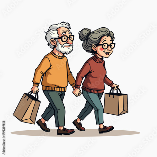 Elderly couple walking hand in hand carrying shopping bags  