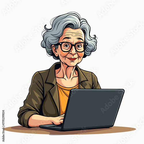 Elderly woman smiling while working on a laptop at a desk  