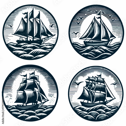 Viking ship logo engraving style design template vintage