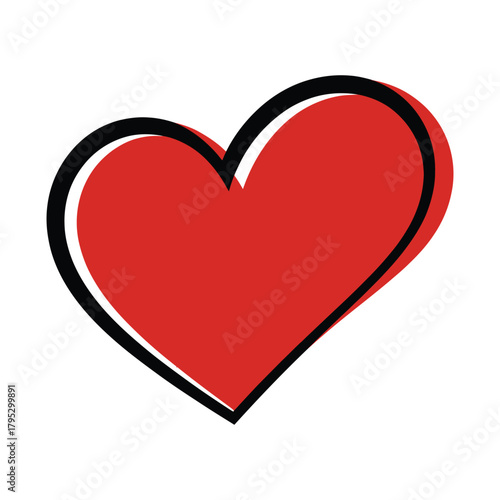 Hand Drawn Heart with Red Fill and Black Outline. Love, Romance, and Valentine's Day Vector Symbol.