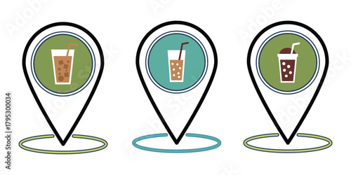 Coffee Shop or Soda Location Pin, Juice or Iced Tea Location Pin and Milkshake/Frappe or Dark Soda Location Pin.