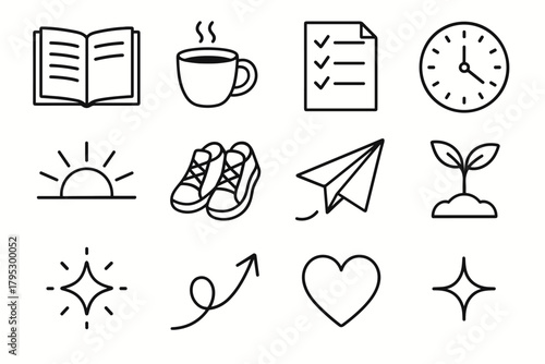Morning Motivation Icons. Fresh Start Energy linear icons: open planner, coffee cup, checklist, sunbeam, clock, sneakers, paper airplane, plant sprout, glowing star, arrow path.