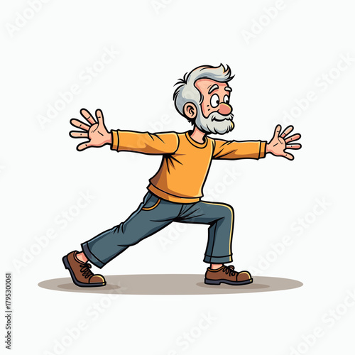 Elderly man stretching with open arms in a playful cartoon style  