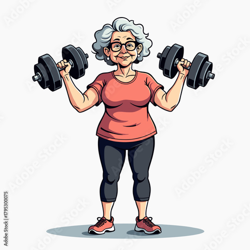 Active elderly woman lifting dumbbells while exercising in sportswear  