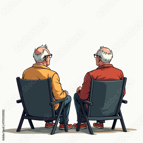 Two elderly men sitting in chairs and conversing together  