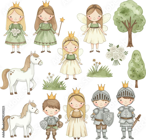 Fairytale watercolor princess knight fairy horse art