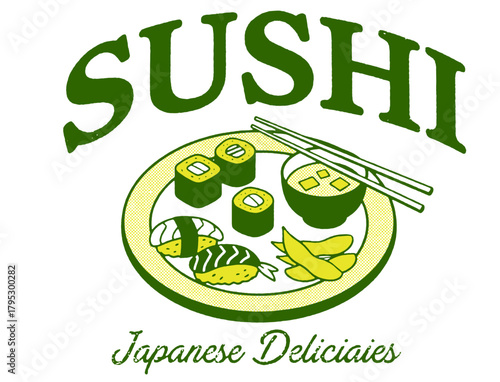 Classic sushi restaurant logo vector. Stylized platter of nigiri and maki rolls, chopsticks, and soy sauce. Bold SUSHI title. Ideal for Japanese food branding.