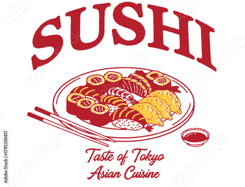 Classic sushi restaurant logo vector. Stylized platter of nigiri and maki rolls, chopsticks, and soy sauce. Bold SUSHI title. Ideal for Japanese food branding.