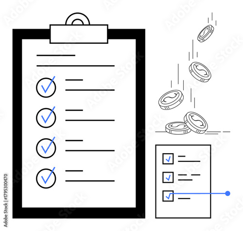 Clipboard with a task checklist, completed with checkmarks. Falling coins denote financial success. Ideal for productivity, organization, goal tracking, financial strategy, business planning