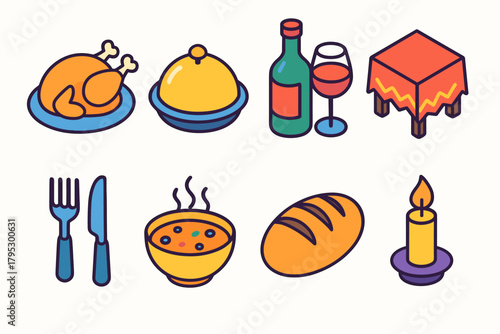 Modern Dinner Icons. Family Dinner flat icons: roasted chicken, serving dish, wine bottle, tablecloth, fork and knife, bowl of soup, bread loaf, candlelight.