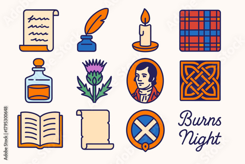 Burns Night Icons. Burns Night Poetic Tribute flat icons: handwritten poem, quill in inkpot, lit candle, tartan cloth, whisky decanter, thistle bloom, poet’s portrait, Celtic.