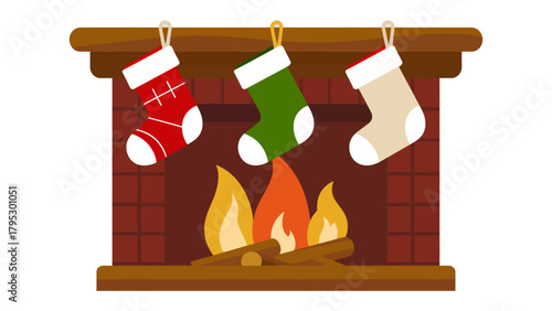 Cozy Christmas Cheer: A warm, inviting fireplace adorned with festive stockings creates a scene of holiday comfort and joy, with flames dancing merrily beneath.