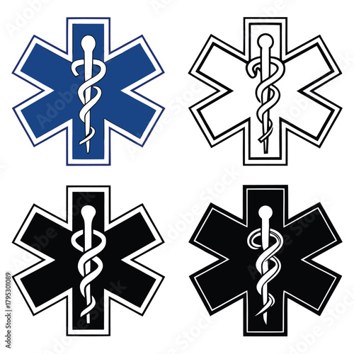 Illustration of four star of life symbols in blue black and outline on a white background image design