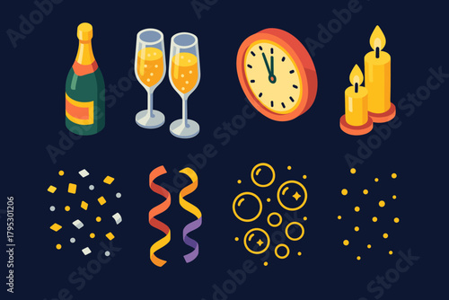 New Year Icon Set. New Year Midnight Toast flat icons: champagne bottle, crystal glasses, striking clock, glowing candles, metallic confetti, festive ribbons, sparkling bubbles.