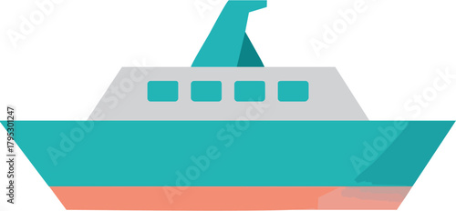 Stylized ferry boat illustration with simple shapes offers a clean nautical theme, perfect for travel brochures and maritime themed designs or children's books