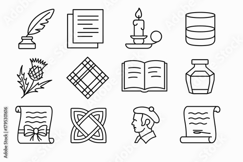 Burns Night Icons. Burns Night Literary Gathering linear icons: quill pen, poetry manuscript, candle glow, whisky glass, thistle sprig, tartan napkin, open book of verses, ink.