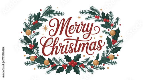 Festive Christmas Wreath: A beautiful wreath, the vibrant 'Merry Christmas' text is beautifully woven with evergreen branches, holly leaves, and festive ornaments, to set a cheerful holiday scene.